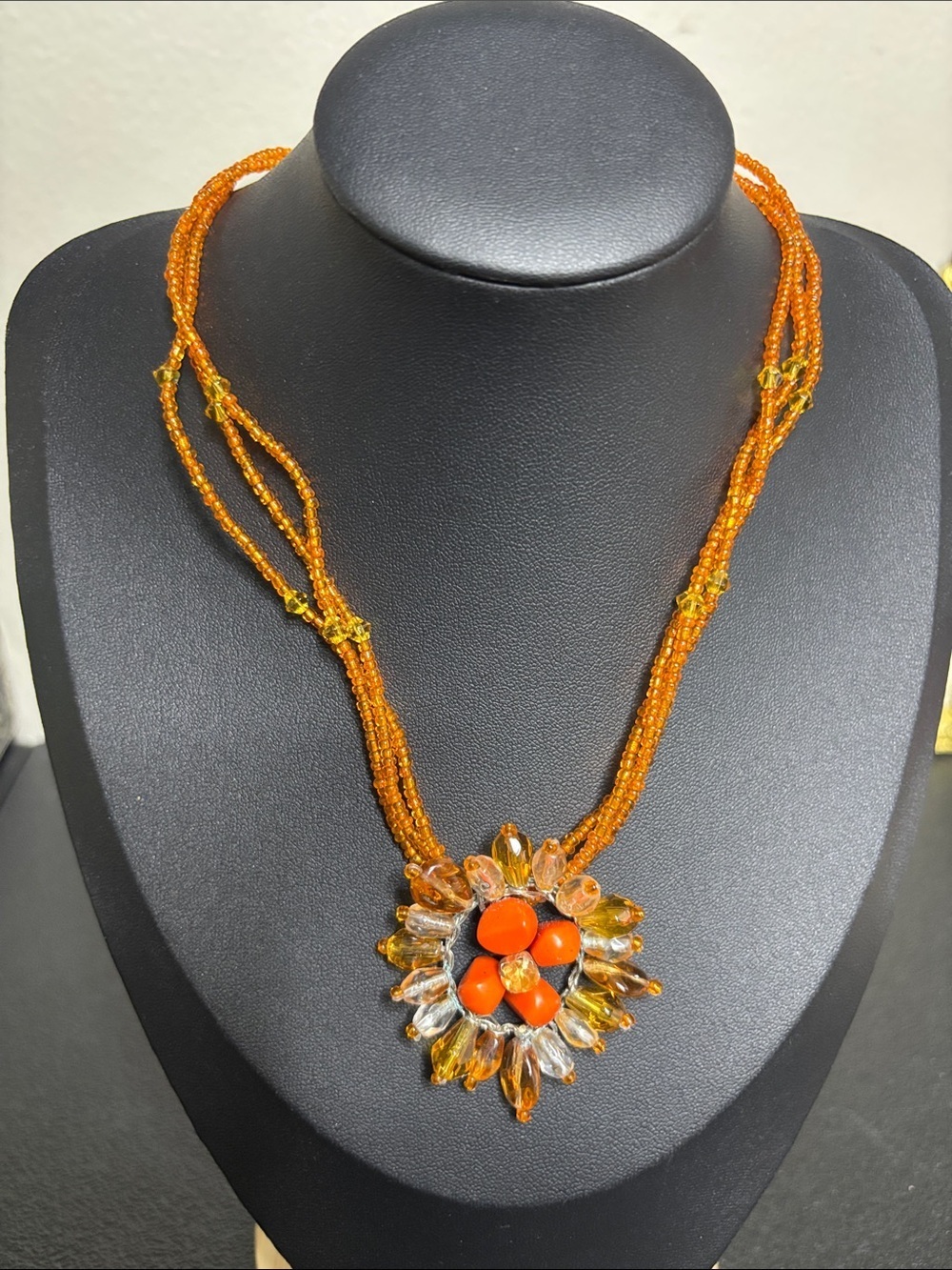 Orange Beaded Floral Pendant Necklace